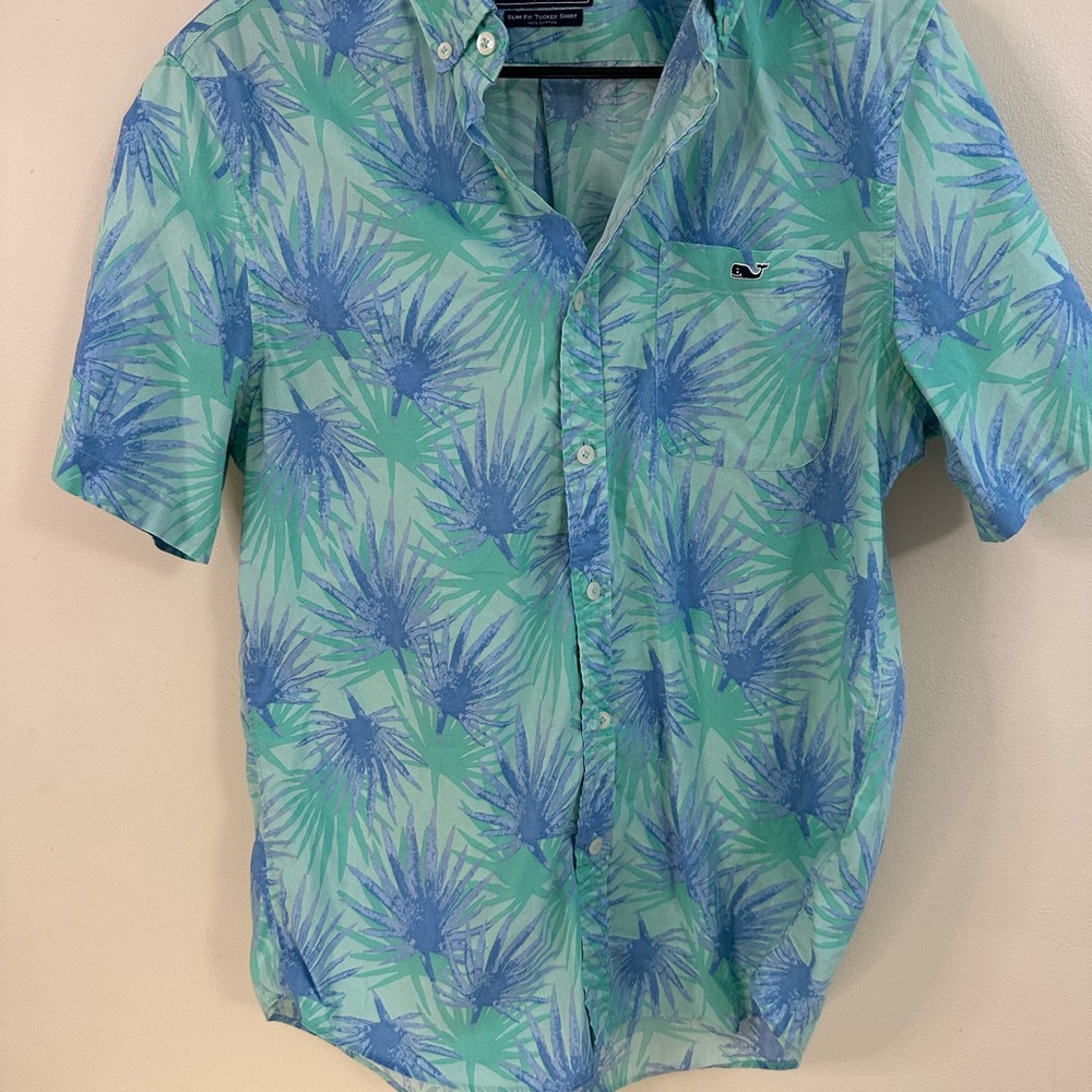 Vineyard Vines Men's Medium Slim Fit Tucker Shirt Stretch Blue Button Hawaiian